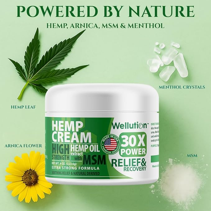 WELLUTION Hemp Cream x30 MSM – Extra Strength Hemp Seed Oil Massage Cream with Arnica & Menthol – Fast-Absorbing, Non-Greasy Formula for Everyday Relief & Mobility – 4 oz.