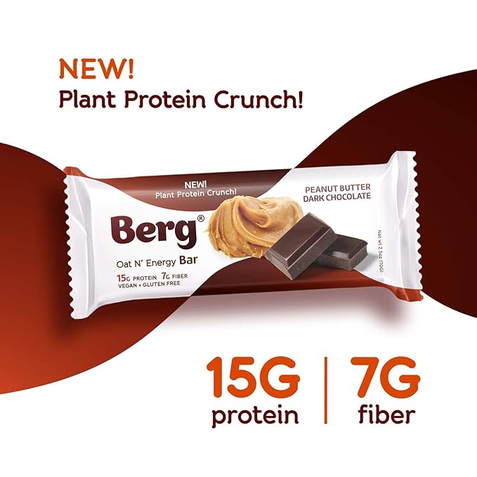 Berg Oat N' Energy Bar | Peanut Butter & Dark Chocolate | Plant Based Protein Bar | Non-GMO, Gluten Free, Nut Free and Vegan | Low Sugar, Healthy Snack Bar | High Fiber | On The Go | 2.5oz (8 Packs)