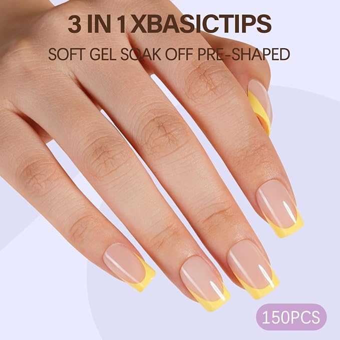 Misssix XBASICTIPS Yellow French Tip Press On Nails, 150Pcs French Gel Nail Tips Short Square, Soft Gel Pre-shaped No Need to File 3 in 1 Tips, Fake Nails for Nail Art DIY Extension Designs 15 Sizes