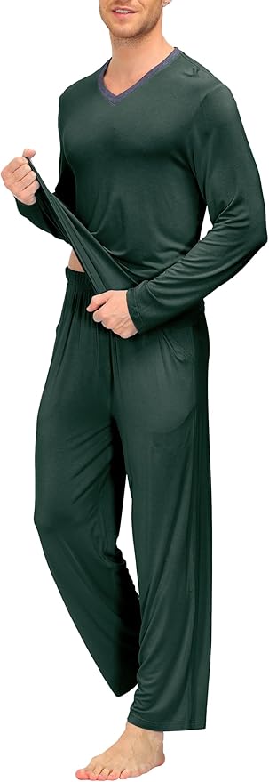 JINSHI Men's Pajama Sets Sleepwear Nightwear Lightweight Quick Dry Soft 2 Piece Long Sleeve Mens Loungewear Sets with Pocket