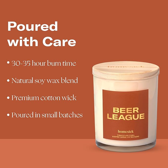 Homesick Scented Candles for Home (Beer League) - 7.5 oz Long-Lasting Natural Soy Wax Blend Jar Candle Gift for Women & Men for All Occasions, 30-35 Hours Burn Time - Notes of Tobacco & Tonka