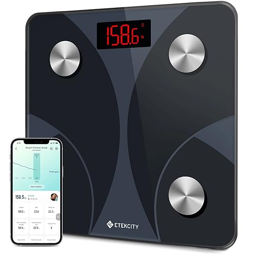 Etekcity Scale for Body Weight and Fat Percentage, Smart Digital LED Bathroom BMI Measurement, Accurate Bluetooth Weighing Machine, Body Composition Analyzer, Ash-black, 400lb