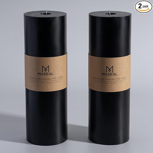 MOZEAL 4" x 12" Extra-Large Black Pillar Candles (Set of 2), Unscented,Dripless, Smokeless,Long Clean-Burning,These Tall 12 inch Large Black Pillar Candles Perfect for Halloween and Fall Decor