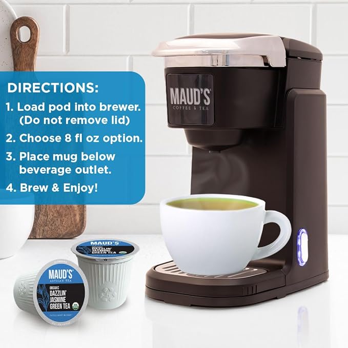 Maud's Organic Jasmine Green Tea Pods, 48 ct, Recyclable Single Serve Tea Pods – 100% Gourmet Blended Tea Leaves, Compatible with Keurig K Cups Maker