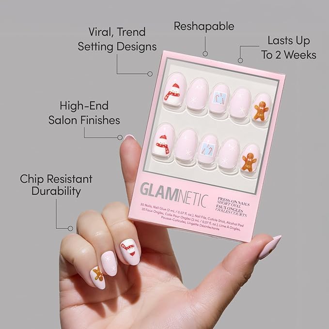 Glamnetic Press On Nails - Cocoa & Kisses | Short Oval Fake Nails in Natural Nude Base with Festive Winter Graphics in a Glossy Finish, Salon Quality Holiday Nails | 15 Sizes - 30 Nail Kit with Glue