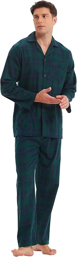 GLOBAL Men's Pajamas Sets 100% Cotton Flannel Sleepwear Long-Sleeve top & Bottom