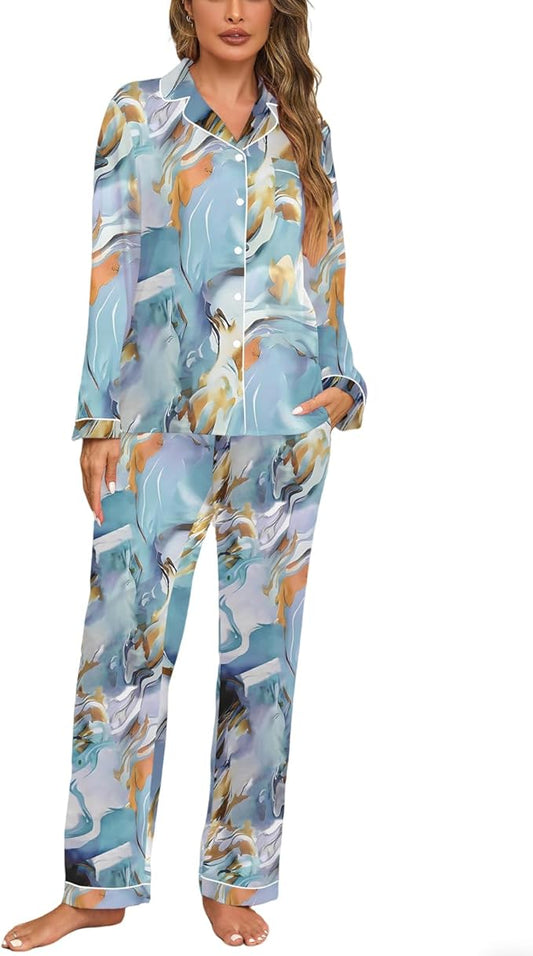 Veseacky Womens Satin Pajama Set Silk Pjs Button Down Long Sleeve Sleepwear Loungewear Sleepwear 2 Piece Pjs Set S-XXL