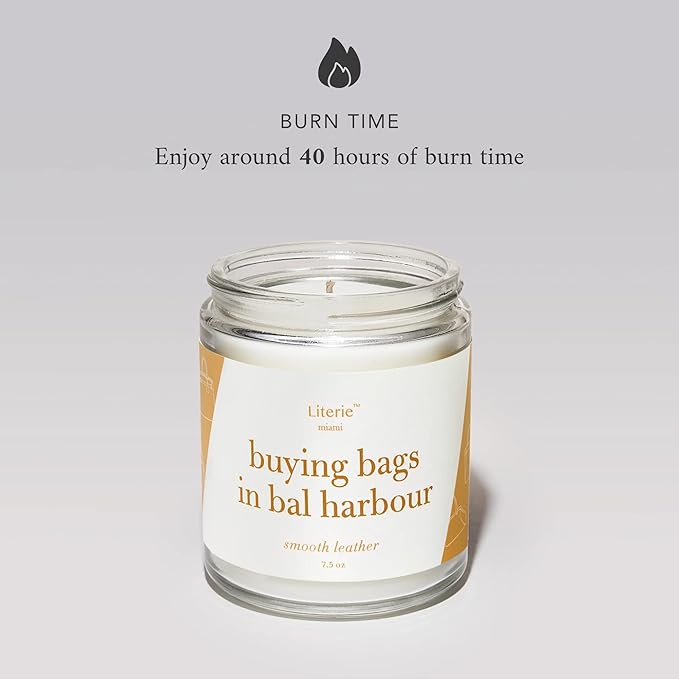 Literie Miami Inspired Scented Candle: Buying Bags in Bal Harbor - Smooth Leather Scent, 7.5oz, 40 Hour Burn, Vegan Soy & Coconut Blend Candle for Home Decor, Gift for Women & Men