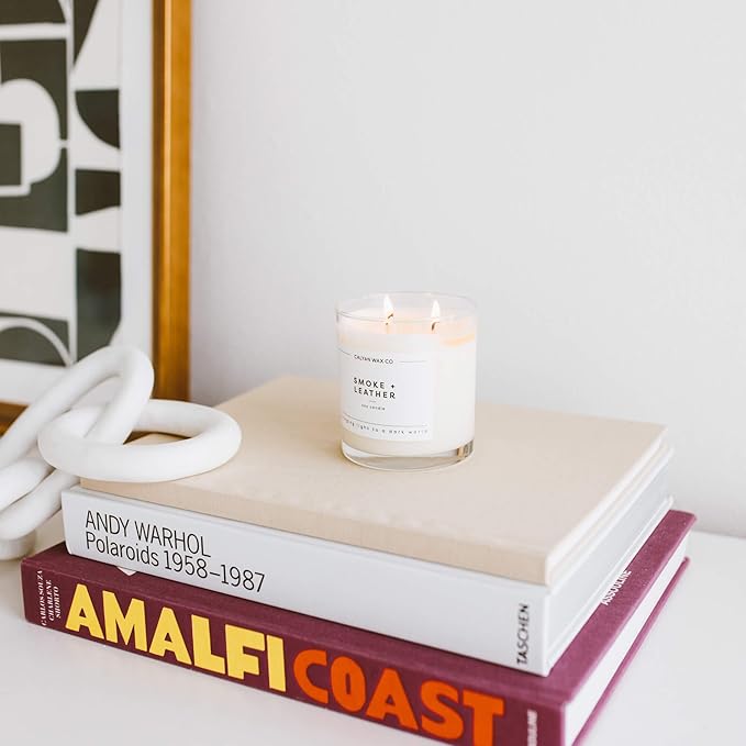 Calyan Wax Co. Smoke & Leather 2 Wick Scented Candle - 37 Hour Burn - Luxury Non Toxic Soy Wax Candles - Long Lasting Large Glass Jar Candle for Home - 8.8oz