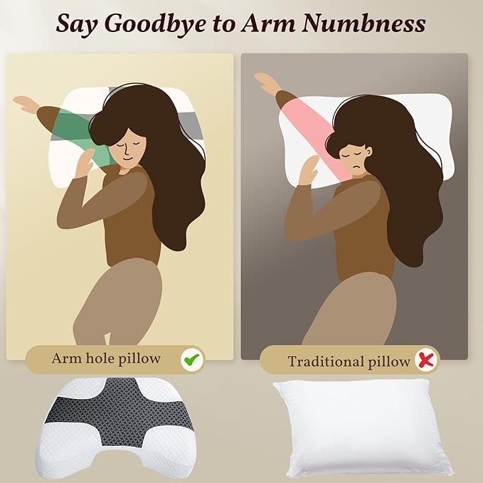 SAHEYER Side Sleeper Pillow with Arm Hole, Memory Foam Shoulder Multi-Angle Armholes Pillow for Many Sleeping Positions, Ergonomic Support for Neck (Grey)
