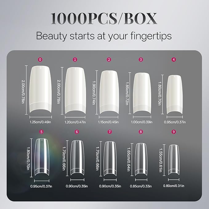 krofaue Nail Tips Lady French Style Acrylic Artificial Half Cover False Nail Tips with Box Ideal for Salons and Home DIY Manicure,10 Sizes,1000PCS (Natural and Clear)