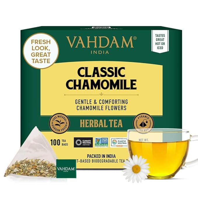VAHDAM, Chamomile Herbal Tea (100 Pyramid Tea Bags) Resealable Ziplock Pouch | Caffeine Free, Non GMO, Gluten Free | 100% Pure Tisane - Sweet & Floral | Made With Natural Chamomile Flowers