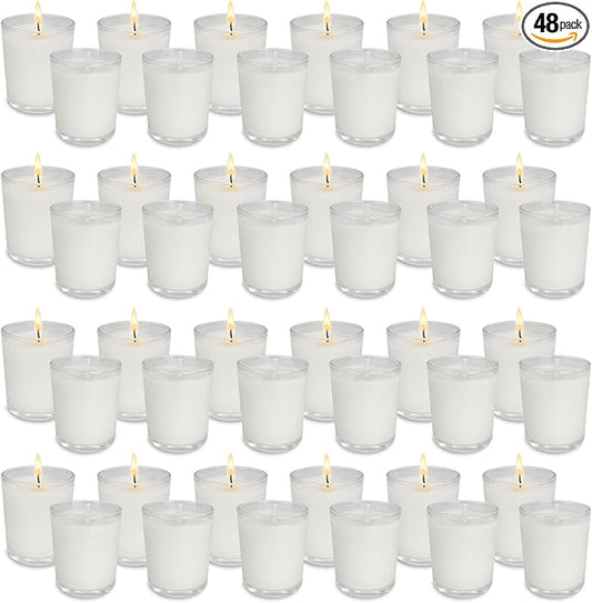 48 Pack White Unscented Clear Glass Filled Votive Candles. Hand Poured Wax Candle Ideal Gifts for Spa Weddings Birthdays Holidays Party