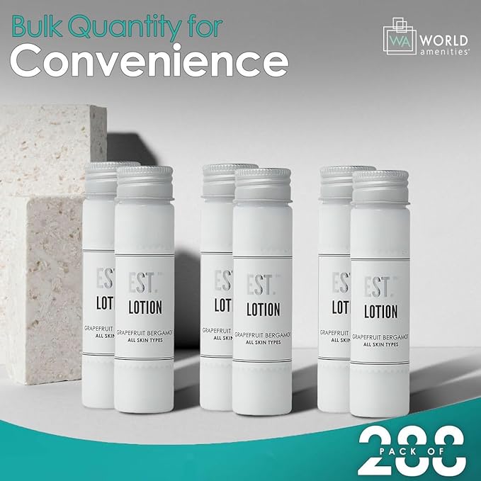 World Amenities EST. Soothing Hand & Body Lotion with Grapefruit-Bergamot fragrance, Biodegradable/Recyclable Bottle with Screw Top, 1.41oz / 40ml, Pack of 48
