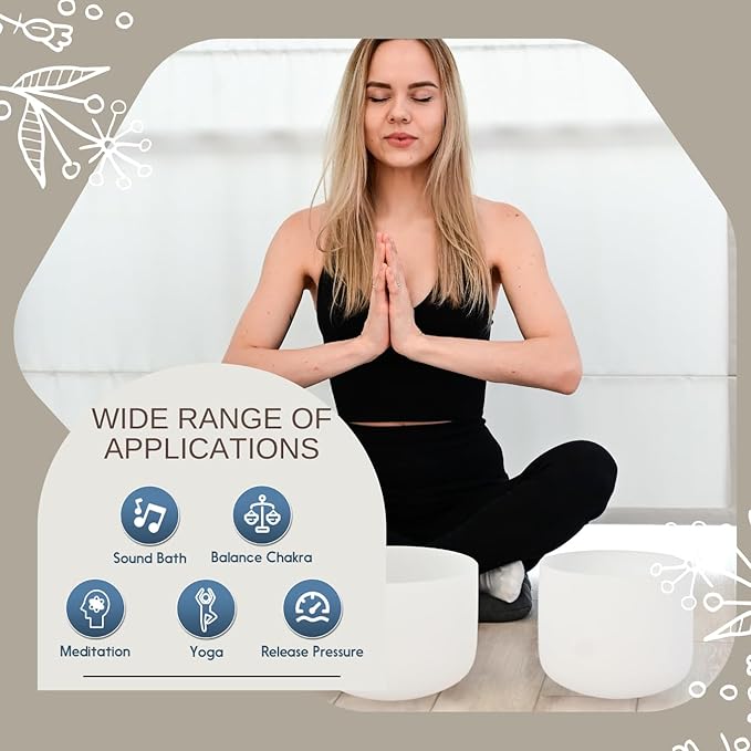 6-10 inch 432hz Quartz Crystal Singing Bowls Set of 3 Pure White, for Healing Mindfulness Meditation Yoga Sound Baths with Case and Mallet Suede Striker