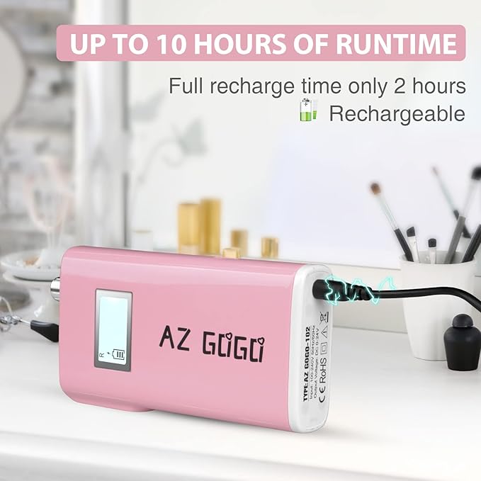 Professional Nail Drill Machine, AZ GOGO 30000RPM Rechargeable Portable Nail Drills for Acrylic Gel Nails - Cordless Electric Nail Drill with LCD Display (Pink)
