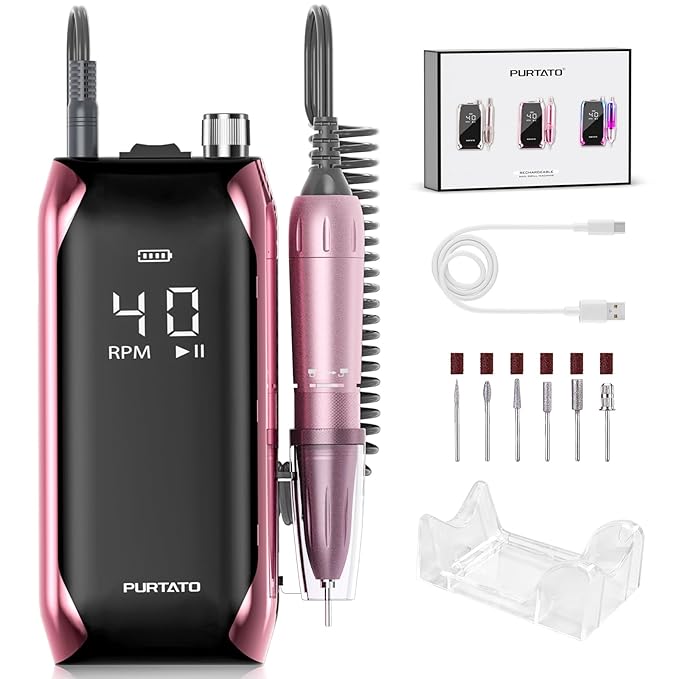 Professional Nail Drill 40,000 RPM, Rechargeable,LCD Display E File Machine for Acrylic Nails Gel Polishing Removing Portable Nails Efile Tools for Manicure Salon & Home (Pink)