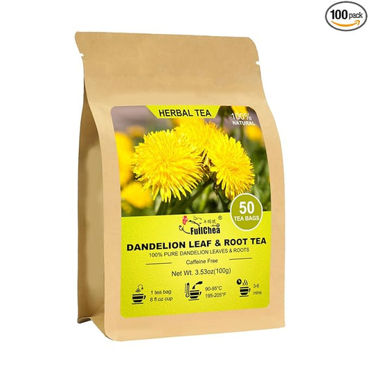 FullChea - Dandelion Leaf & Root Tea bags, 50 Teabags - Natural Dandelion Herbal Tea for Liver & Kidney Health - Non-GMO - Caffeine-free - Support Digestion & Boost Immune System