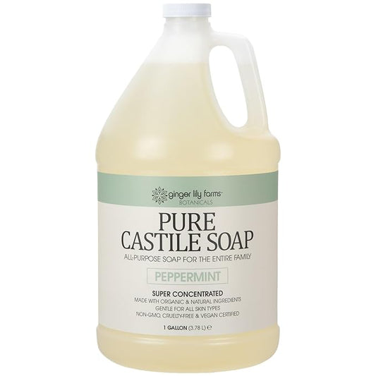 Ginger Lily Farms Botanicals Pure Castile Liquid Soap Refill, Peppermint Scent, 1 Gallon, All-Purpose Cleaner for Body, Face, Hair, Dishes, Laundry & Pets, Non-GMO, 100% Vegan & Cruelty-Free