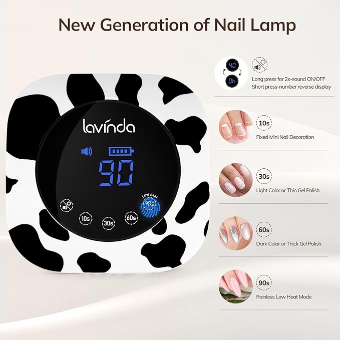 Lavinda LED Nail Lamp UV Light for Gel Nails Cordless Rechargeable UV Lamps Nail Light with 4 Timer, 2X Faster Professional Gel Polish Curing Nail Dryer for Salon Use-Cow Print