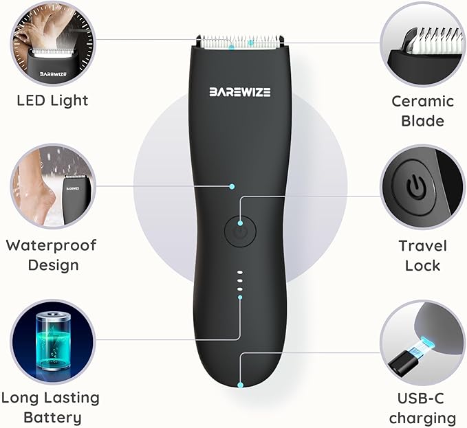 Body Hair & Pubic Hair Trimmer for Men | Waterproof, USB-C Rechargeable, LED Light, Replaceable Ceramic Blade, Electric Ball Shavers, Manscape Kit, Mens Personal Groomer (Noir)