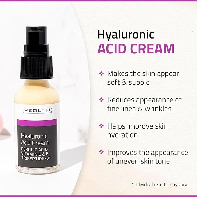 YEOUTH Hyaluronic Acid Moisturizer Face Cream with Vitamin C & E, Ferulic Acid & Tripeptide 31, Hydrating Face Moisturizer, Hyaluronic Acid Cream Suitable for Dry & Dull Skin 1oz