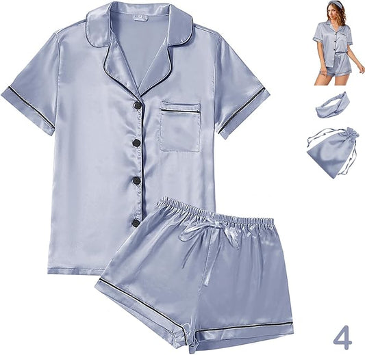 4Pcs Womens Satin Silky Pajama Sets Short Sleeve Shirt XS-4XL Floral Pajamas Set Soft PJ Loungewear Sleepwear