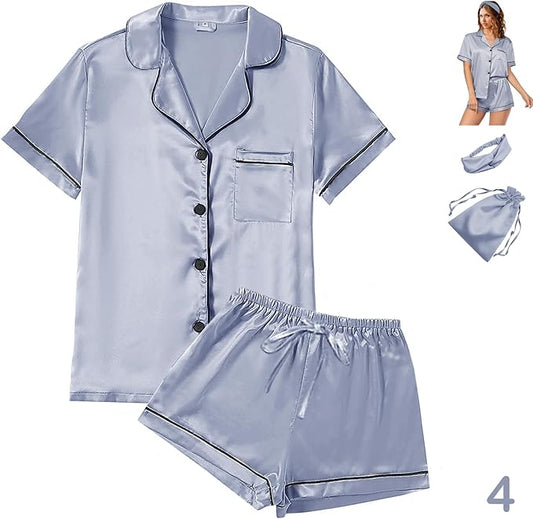 4Pcs Womens Satin Silky Pajama Sets Short Sleeve Shirt XS-4XL Floral Pajamas Set Soft PJ Loungewear Sleepwear
