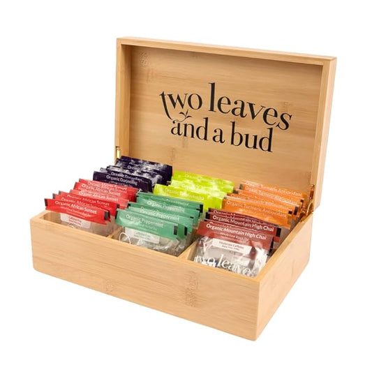 Two Leaves and a Bud Organic Tea Sampler in 6-Slot Bamboo Presentation Box - Filled Gift Box with Tea Assortment of Green, Black, and Herbal Teas