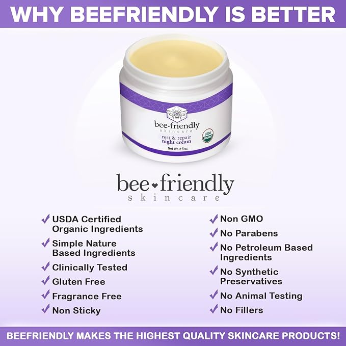 BeeFriendly Organic Night Cream, USDA Certified Organic, Deep Hydrating & Moisturizing Night Time Eye, Face, Neck & Decollete Cream for Women and Men, Anti Aging, Anti Wrinkle 6 oz (3 Jars in box)