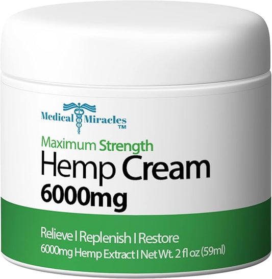 Medical Miracles Hemp Relief Cream - May Help with Neuropathy, Muscles, Joints, Neck, Back, Elbows, Hands, Feet, and Knees - Proudly Made in USA (6000mg) New 4 OZ Size.