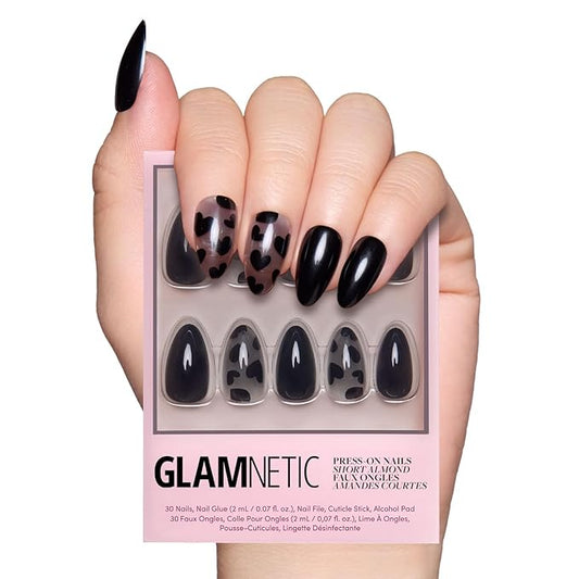 Glamnetic Press On Nails - Love Me Not | Opaque, Semi-transparent, Glossy Black Heart Nails, Salon Quality | 15 Sizes - 30 Nail Kit with Glue