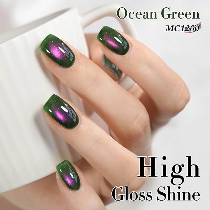 Double Rhythm 0.5 OZ Cat Eye Gel Polish with Magnet 15ML Holographic Glitter Shimmer Translucent Jelly Color Magnetic Nail Polish Salon DIY at Home (Green Pink-MC1260)