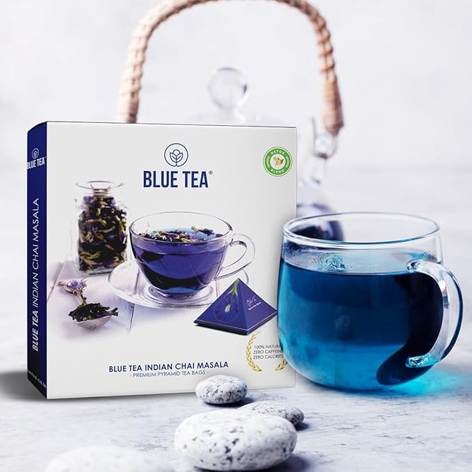 BLUE TEA - Indian Chai Masala - 12 Count - Pyramid Plant Based Tea Bag | Butterfly Pea Flower | Flower & Indian Spices Based | Caffeine Free - Detox Tea - Herbal Tea - Non Bitter | Gifts Box