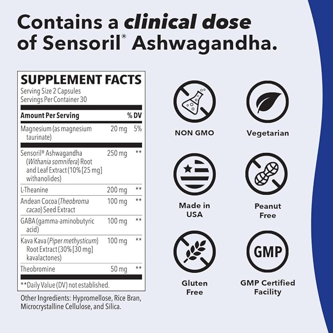 Anxie-T Plus - Extra Strength Stress Relief Supplement - Supports Mood & Mental Focus - Feel Calm and Relaxed - Eases Tension & Nervousness - Ashwagandha, Kava Kava, GABA & L-Theanine - 60 Capsules