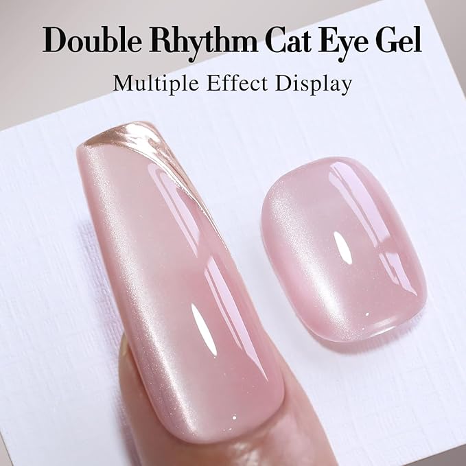 Double Rhythm Jelly Glass Cat Eye Gel Polish with Magnet 15ML Holographic Glitter Shimmer Translucent Sheer Color Magnetic Nail Polish Salon DIY at Home (Jelly Pink Nude-MC1104)