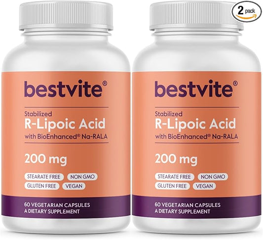 BESTVITE R-Lipoic Acid 200mg Stabilized with Bio-Enhanced Na-RLA (120 Vegetarian Capsules)(60x2) - No Stearates - No Fillers - Vegan - Gluten Free - Non GMO