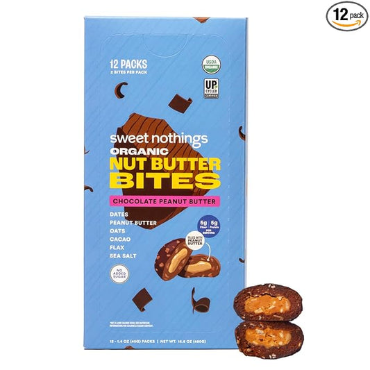 Sweet Nothings, Chocolate, USDA Organic Nut Butter Bites Protein Bar, Nut & Date Snack, Filled with Peanut Butter, 12-2 Bite Value Packs - No Added Sugar, Good Source of Fiber, Only 7 Ingredients