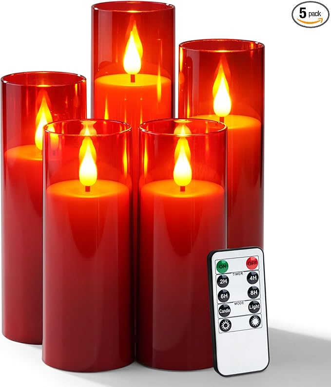 Amagic Red Flameless Candles with Remote, Battery Operated Candles with Timer, Acrylic Flickering LED Candles for Christmas Decor, 3D Wick, Warm Yellow Glow, D2.2 xH5 5" 6" 7" 8", Set of 5