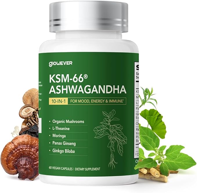 KSM-66 Ashwagandha Supplements with L-Theanine Moringa Organic Mushrooms Complex Ginseng Ginkgo Biloba - Mood & Energy Support, Cortisol Manager, Immune Support, 60 Vegan Capsules