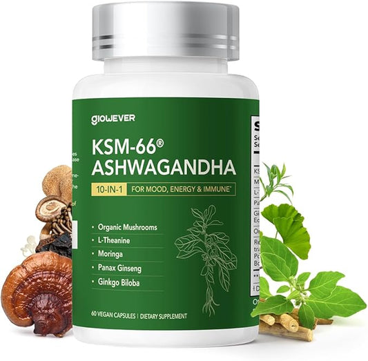 KSM-66 Ashwagandha Supplements with L-Theanine Moringa Organic Mushrooms Complex Ginseng Ginkgo Biloba - Mood & Energy Support, Cortisol Manager, Immune Support, 60 Vegan Capsules