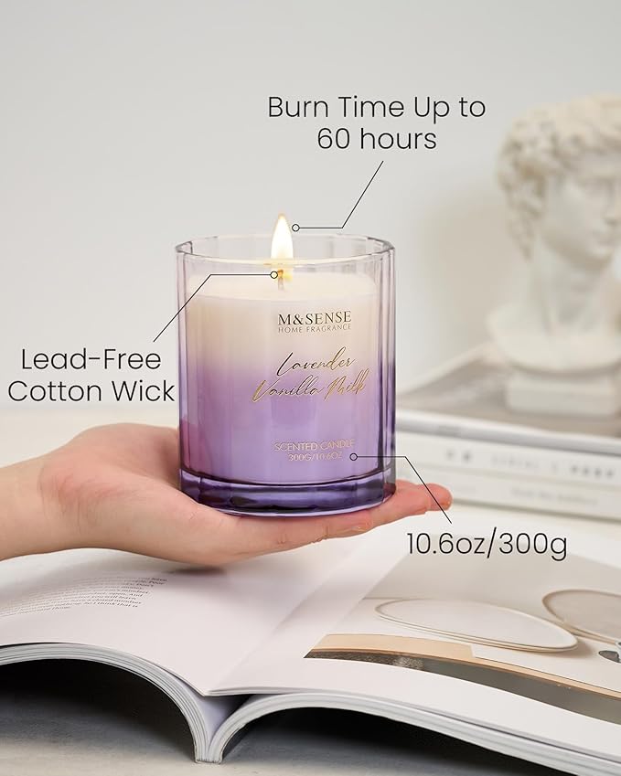 M&SENSE Lavender Vanilla Scented Candle - 10.6oz Natural Soy Wax Non Toxic 60-Hour Burn in Glass Jar, Aromatherapy Candle for Relaxation, Housewarming Gifts for Women, Family & Friends