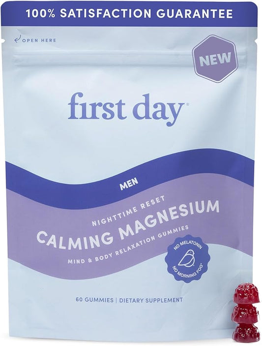 First Day Men’s Nighttime Reset Calming Magnesium Gummies – Sleep Aid Supports Peaceful Rest, Balanced Mood & Energy – Supplement with Magnesium Citrate, L-Theanine & No Melatonin – 30-Day Supply