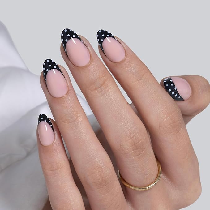 Black French Tip Press on Nails Short - Polka Dots, Soft Gel Almond Press on Nails for Women, Seamless Fit Glue on Nails in 16 Sizes - 32 Reusable Fake Nails Kit with Glue