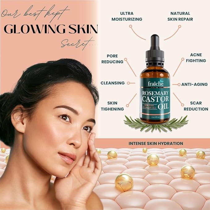 Live Fraiche Rosemary Castor Oil for Hair Growth 4 Ounce - Cold Pressed Castor Oil and Rosemary Oil for Damaged Hair to Reduce Hair Loss