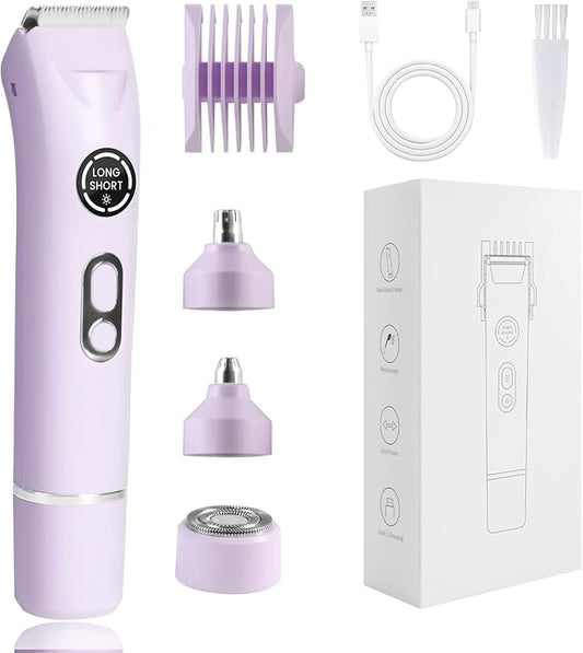 Bikini Trimmer for Women Dermave Bikini Shaver 4 in 1 Pubic Hair Trimmer, Razor for Women Private Area with Dual Heads IPX7 Waterproof, Electric Shaver for Nose Eyebrows Beard Underarm Leg Arm