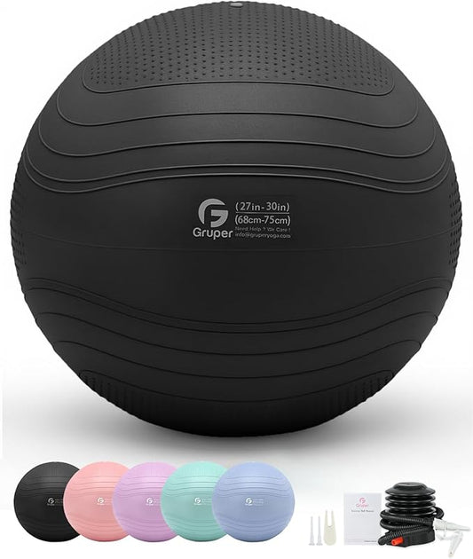 Gruper Yoga Ball, Extra Thick Exercise Ball for Workout Pregnancy Stability - 4 Sizes Anti Burst Balance Ball for Yoga, Pilates, Fitness, Birthing, Physical Therapy - Includes Pump