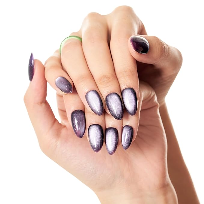 GLAMERMAID Dark Purple Magnet Cat Eyes Press on Nails Short Almond, Black Aurora Handmade Jelly Gel Fake Nail Kit, Ombre Glitter Magnetic Glue on Nail Stiletto, Medium Oval Stick on False Nail Women