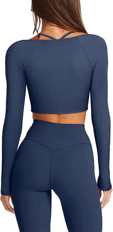 LASLULU Womens Sexy Square Neck Crop Top Ribbed Seamless Long Sleeve Workout Tops Halter Neck Athletic Yoga