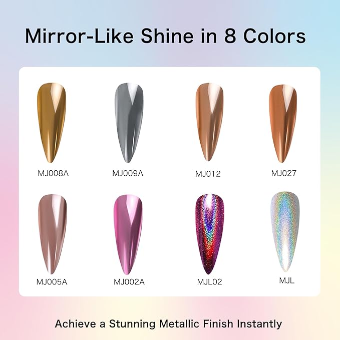 Chrome Nail Powder Kit: 10 Jars 8 Colors Metallic Mirror Effect 2 Colors Holographic Aurora Chameleon Nail Art - 1g/Jar Silver Pink Gold Purple Chrome Powder for Nails